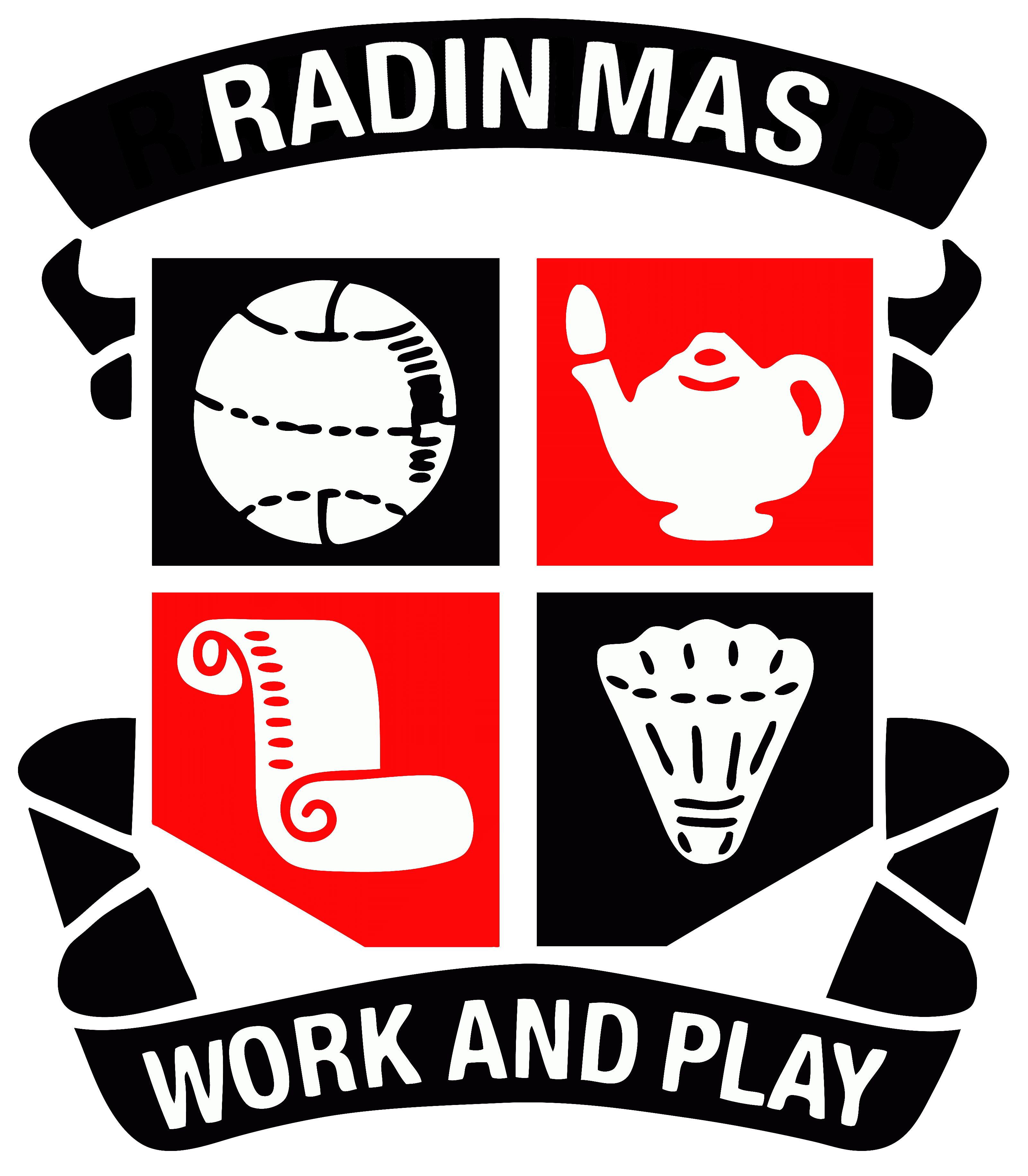 Shield crest with four quadrants showing a ball, lamp, scroll, and shuttlecock, reading Radin Mas Work and Play.
